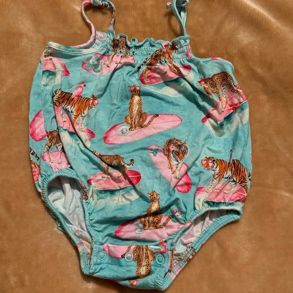Posh Peanut Surfing Safari Bamboo Bubble Romper Blue Pink 3-6 Months